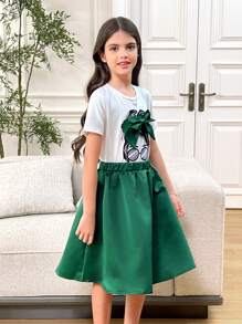 SHEIN Leap Crew 2pcs/Set Tween Girl Loose Casual Simple Comfy Round Neck Bow Tie T-Shirt And Mini Skirt - Green - View 3