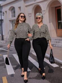 EMERY ROSE Plus Size Front Zipper Long Sleeve All-Over Print Casual Shirt,Winter Women Clothes,Elegant Women's Clothing - Apricot - View 1