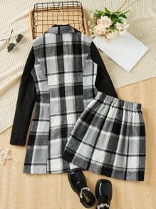 3pcs Checked Suit Set: Plaid Lapel Vest, Pencil Skirt & Fitted Turtleneck Top, For Teenage Girls Commuting Urban Casual Formal Wear, Autumn/Winter