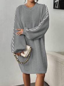 Chiquease Mock Necked Casual And Slouchy Women's Sweater Dress With Button Rope Design Fall Cloth For Women - Grey - View 4
