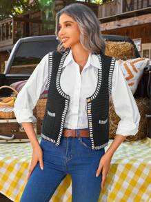SHEIN VCAY Chaleco informal de mujer con cuello redondo, un botón y bolsillo, a rayas, para otoño