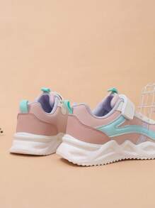 1 Pair Gray & Purple Kids Sports Shoes, Casual Sneakers, Breathable Leather Upper, Hook And Loop Closure, Lightweight Sole