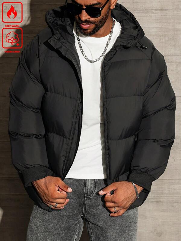 Manfinity Homme 1pc Men's Plus Size Plain Color Long Sleeve Short Hooded Padded Coat, Winter Going Out Black Bubble Coat, For Friends, Husband, Boyfriend Gifts