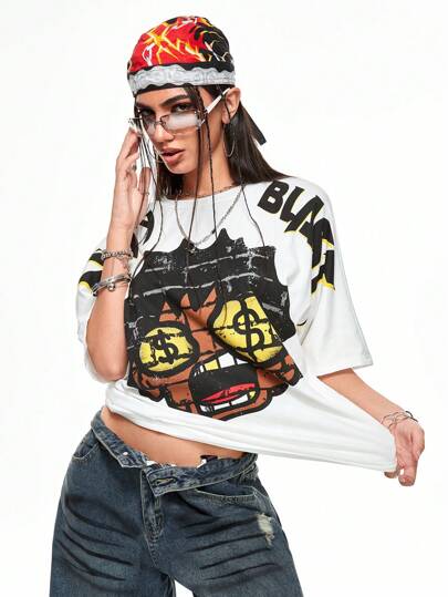 Street Life تي شيرت نسائي فضفاض كبير الحجم مطبوع عليه نقود مضحكة