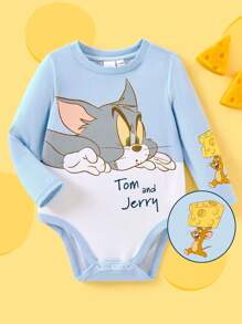 TOM & JERRY X SHEIN Baby Girl Cartoon Print Cute Blue Long Sleeve Bodysuit
