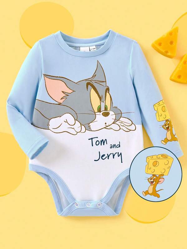 TOM & JERRY X SHEIN Body cu mânecă lungă, albastru, cu imprimeu de desene animate pentru fetiță