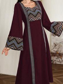 Al Najma 女士土耳其连衣裙和阿拉伯传统长袍，端庄优雅的 A 字形长款勃艮第长袖阿拉伯连衣裙卡夫坦和 Jalabiya，适合晚会/婚礼嘉宾/周年纪念