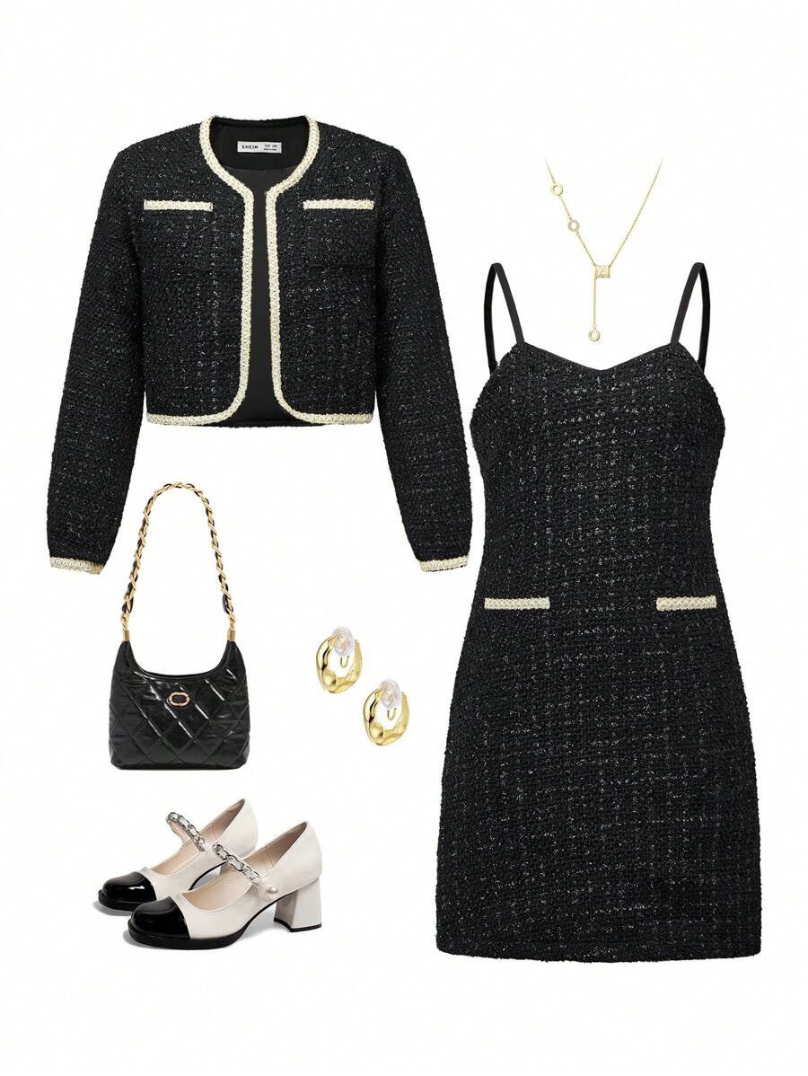 Zweiteiliges Set aus Langarmjacke mit Kontrastbesatz und Camisole-Kleid für Tween Mädchen, hochwertiger und raffinierter Look