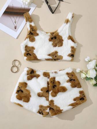 女士毛绒套装，可爱舒适卡通熊印花圆领背心和弹力短裤，冬季服装，圣诞节套装