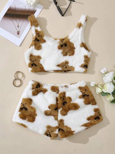 女士毛绒套装，可爱舒适的卡通熊印花背心和弹力短裤，冬季服装，圣诞套装，休闲白色夏季