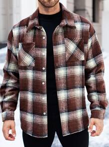 Manfinity Homme Plus Size Men's Front Button Long Sleeve Pocket Plaid Casual Overcoat, Fall Clothes
