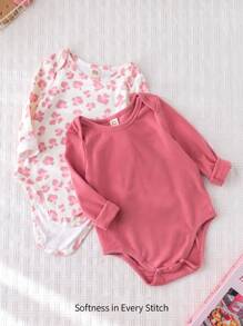 Cozy Pixies 2件套女婴爱心图案纯色柔软针织叠层露肩长袖连体衣套装印花 - 彩色 - 查看 1