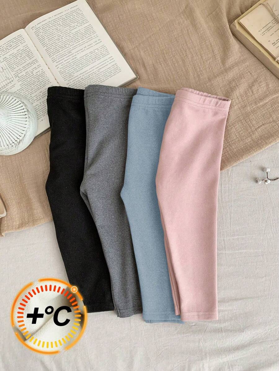 SHEIN LMoss Kids LMoss 4 双女婴弹力腰纯色针织打底裤套装，适合秋冬季 - 彩色 - 查看 1