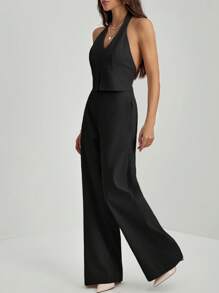 SHEIN Tall 办公室女士V领露背无袖上衣+阔腿裤修身加长套装 - 黑色 - 查看 4