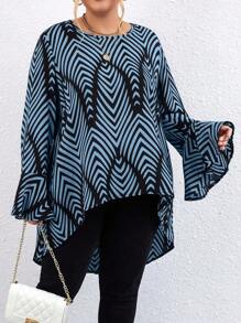 Calvaya Plus Size Asymmetric Hem Geometric Print Frill Trim Long Sleeve Shirt