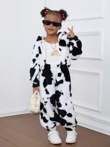 SHEIN Leap Crew Young Girl Cute & Casual & Vintage 2pcs Cow Print Hooded Teddy Jacket & Pants Outfits, Warm And Comfortable Long Sleeve, Great For Casual & Daily Wear & School Daily & Home Wear In Autumn & Winter, For Christmas - Black and White - View 1