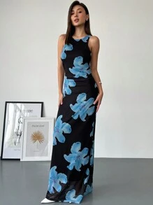 Aloruh 夏季度假浪漫约会无袖修身花卉印花荷叶边女式连衣裙 - 黑色 - 查看 6