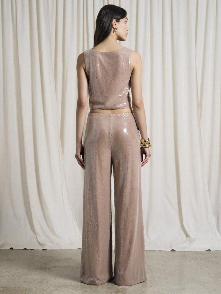Sequin Wide Leg Trousers And Crop Top