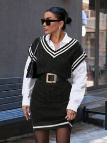 RueChic Casual Mini Cable Knit Contrast Color Stripe Hem Sweater Dress