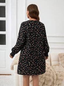 SHEIN LUNE Plus Size Casual Everyday Ditsy Floral Long Sleeve Loose Dress, Autumn Holiday Party Dress Party Dresses For Women - Black - View 2