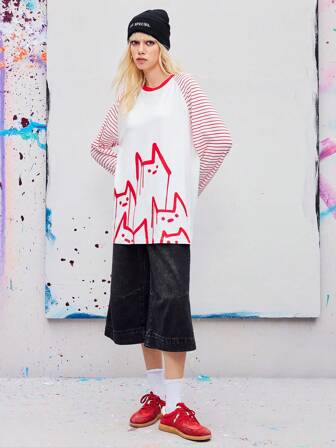 Coolman Artist Casual Kawaii Cute Crew Neck Colorblock Loose T-Shirt Graphic Tee For Women, Holiday, Vacation, Spring, Festival, Ibiza Fits, Western Wear