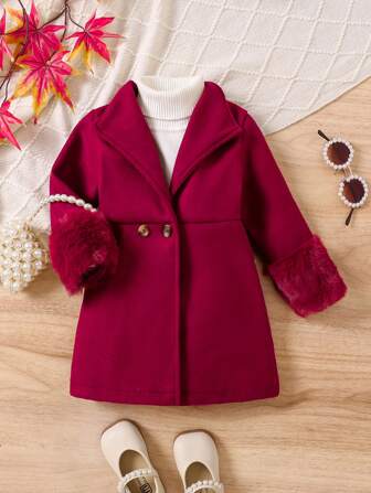 SHEIN Manteau en mélange de laine pour bébé fille, design élégant et doux à la mode, convient pour les sorties, les fêtes et les célébrations, automne/hiver