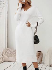 SHEIN Clasi 女士法式简约休闲长款毛衣连衣裙 - 白色 - 查看 1