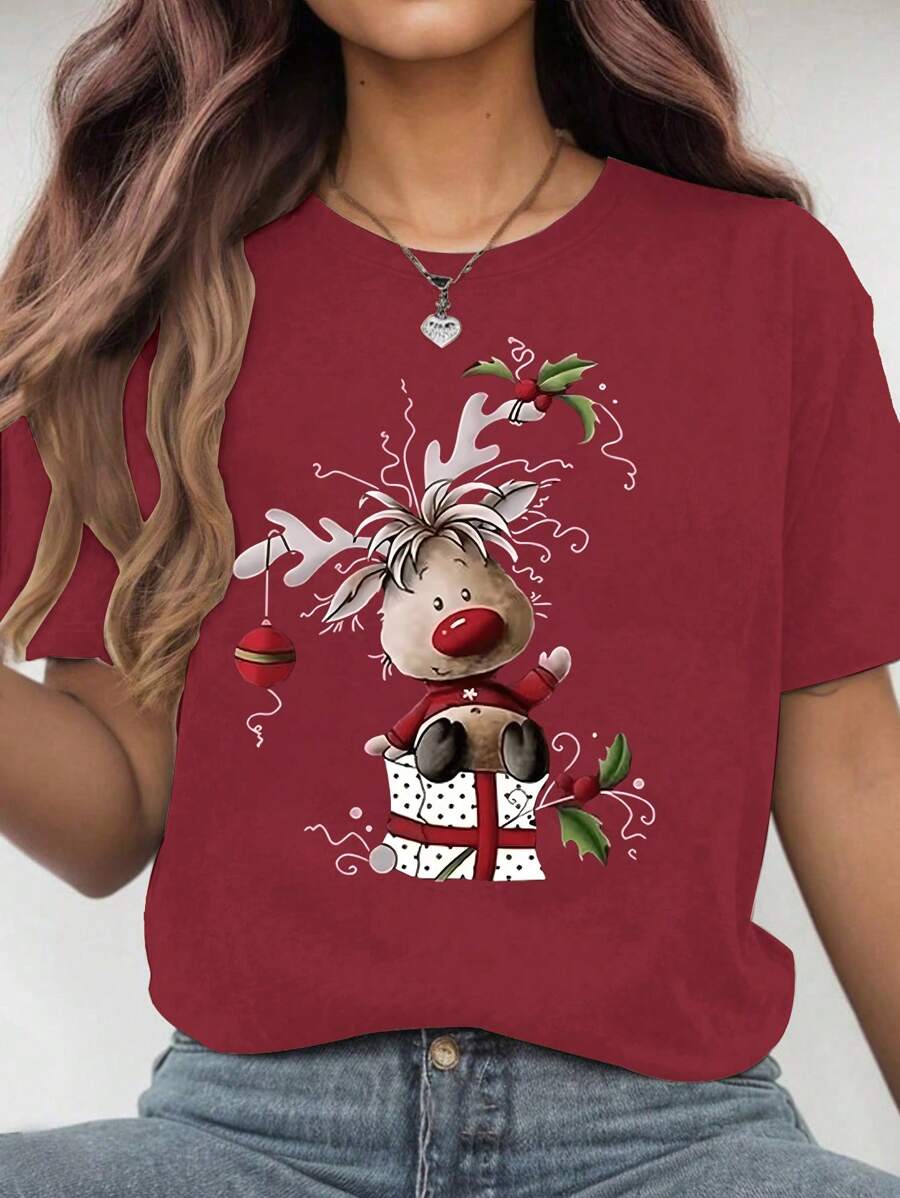 SHEIN Essnce Women's Holiday Christmas Printed TShirt, Casual Round Neck, Knitted Fabrics