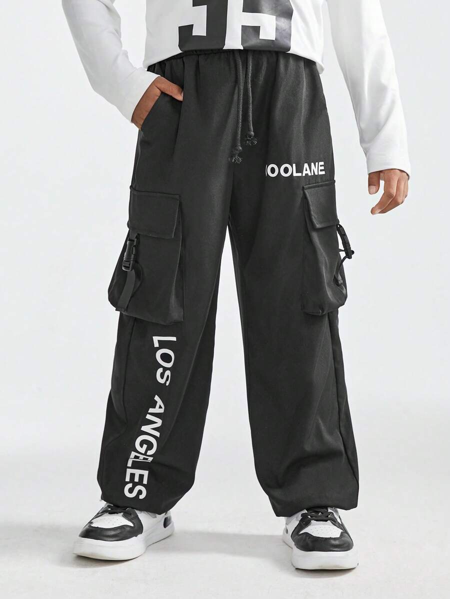 SHEIN Tween Boy Letter Print Drawstring Multi-Pocket Casual Black Pants - Black - View 1