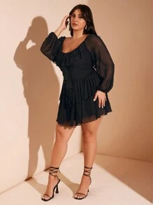 SHEIN BAE 大码女式荷叶边下摆纯黑色弹力网眼迷你连衣裙，适合甜美派对和约会之夜风格，秋冬