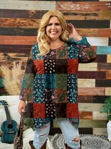 Mellowie Damen Große Größen Retro Blumen Karo Muster Lässig Asymmetrischer Saum Rundhals Loose 3/4 Arm T-Shirt, geeignet für Herbst/Winter