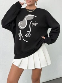 RueChic Silluette Pattern Flock Printed, Brush Back, Keep Warming Feature Crew Neck Sweatshirt - Black - View 6