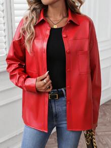 SHEIN LUNE 2024 Autumn/Winter New Women Red Front Open Jacket Coat Leather - Red - View 6