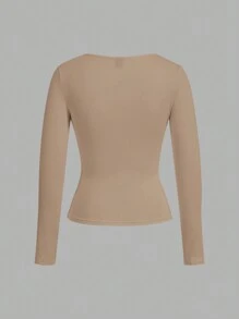 SHEIN EZwear Bộ 2 áo thun nữ cổ vuông tay dài bó màu trơn thường ngày, thích hợp cho mùa thu đông - Nhiều màu - Xem 3