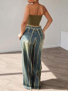 Y2K Vintage Washed Distressed Frayed Seam Trim Mid-Rise Waist Raw Edge Wide Leg Jeans With Pockets - 藍色 - 查看 2
