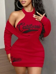 SHEIN SXY Women's Deep V-Neck Long Sleeve Letter Embroidery Mini Dress, Casual & Holiday Homecoming Dress 2pack