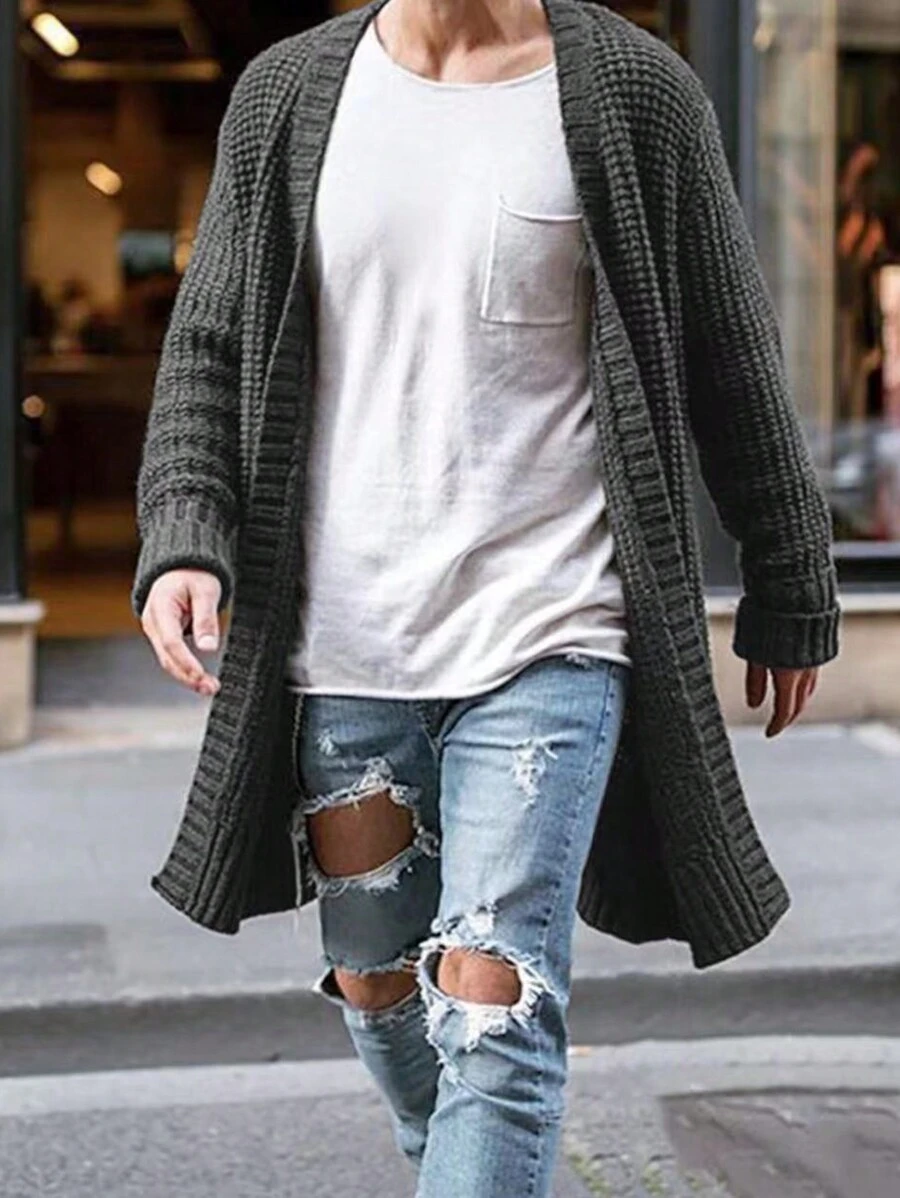 Men's Solid Color Casual Versatile Knitted Long Sleeve Cardigan Sweater - Grey - View 1