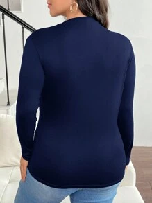 SHEIN Frenchy Áo thun cổ bẻ ôm vừa vặn cỡ lớn - Màu xanh hải quân - Xem 2