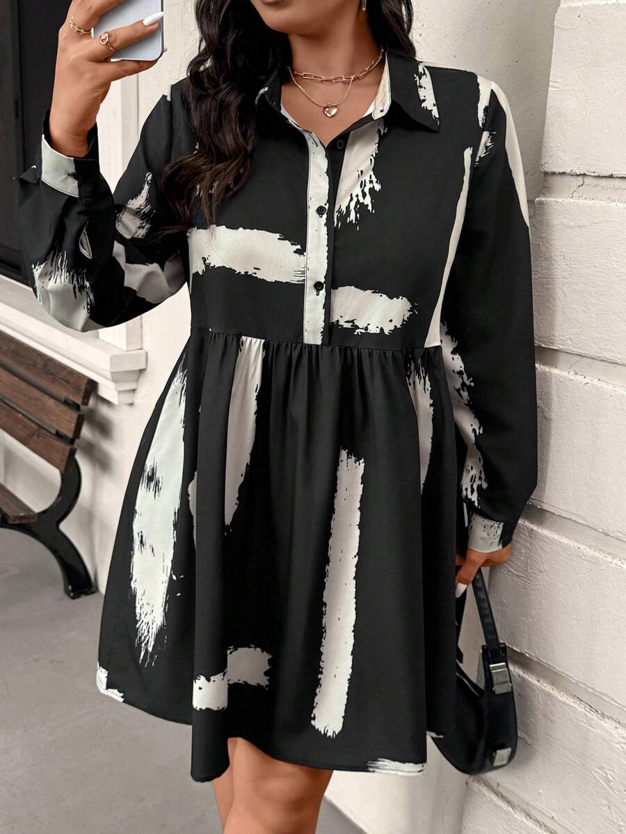 SHEIN Frenchy Plus Size Autumn Casual Color Block Button Half Placket Long Sleeve Midi Dress,Simple And Fashionable, Elegant And Generous, Suitable For Daily Wear, Street, Commuting