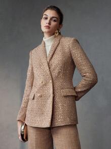 The Great Gatsby x MOTF 编织女士厚花呢西装外套，适合派对 - 卡其色 - 查看 5