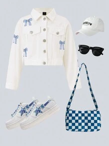 SHEIN Tween Girls' Bowknot Printed Denim Jacket,Holiday,Summer,Travel - Beige - View 2