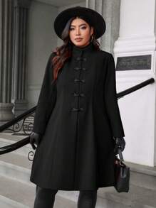 Celure Manteau en tweed mi-long, col montant style chinois, design avec boutons, taille en A, coupe grande taille