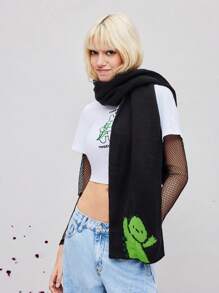 Coolman Artist Women Cartoon Pattern Warm Scarf, Casual For Autumn/Winter, Holiday, New Year, Vacation - Black - View 6