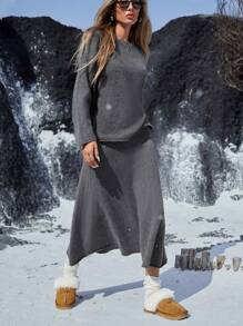 Aveloria Affinna Conjunto de 2 piezas de suéter de cuello redondo con dobladillo rizado y falda larga de punto holgado, estilo retro, para uso cómodo en otoño/invierno
