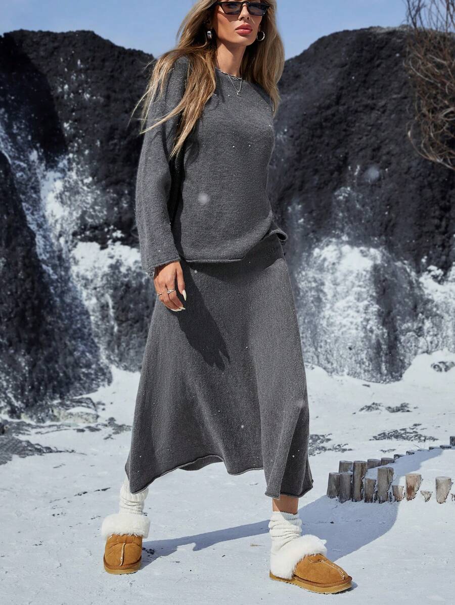 EMERY ROSE 2pcs Women Retro Style Crew Neck Simple Curled Hem Loose Knitted Sweater Top & Long Skirt Set, Comfortable Wear For Autumn/Winter - Dark Grey - View 1