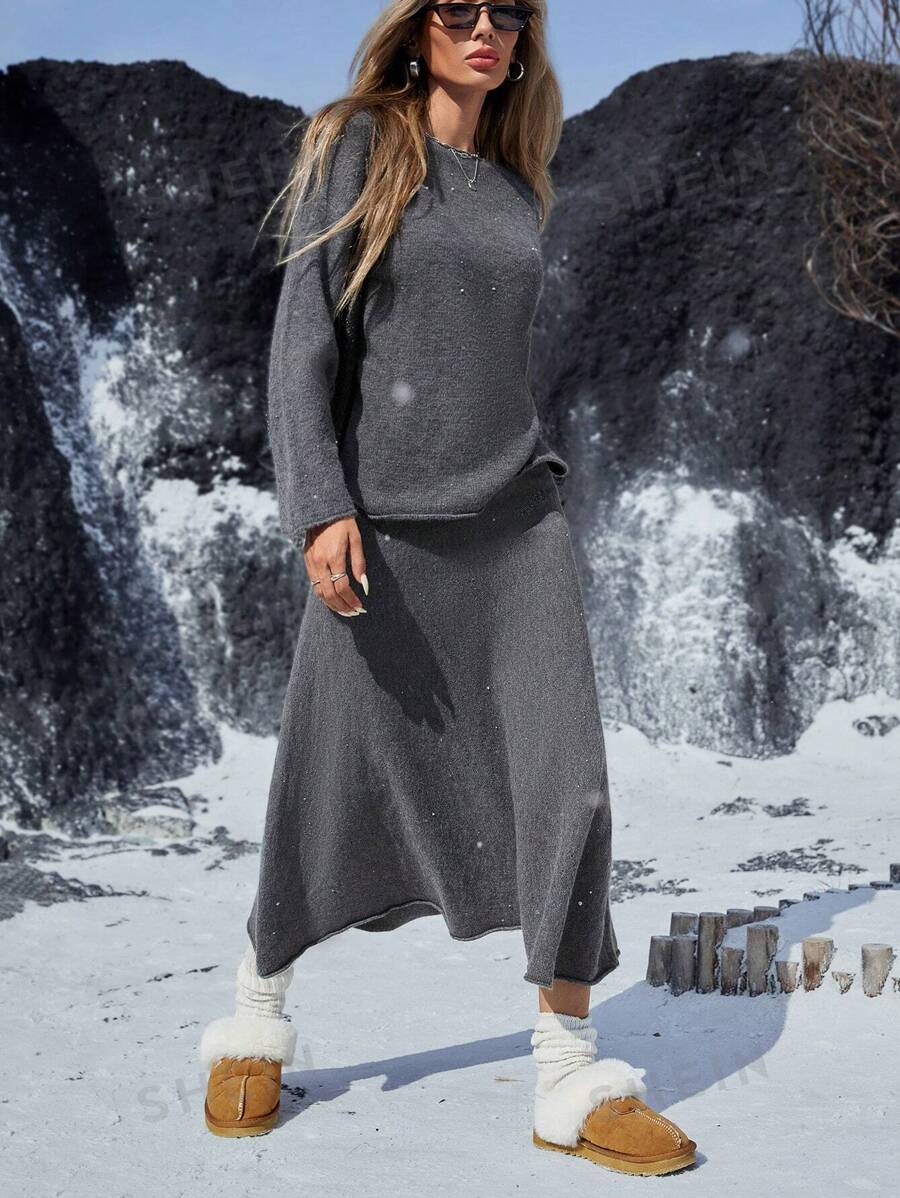 Aveloria Affinna Conjunto de 2 piezas de suéter de cuello redondo con dobladillo rizado y falda larga de punto holgado, estilo retro, para uso cómodo en otoño/invierno