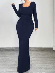 SHEIN SXY Vestido largo de mangas largas con cuello cuadrado brillante, cintura fruncida y ajustado, elegante y glamoroso, apropiado para citas, reuniones, cumpleaños y fiestas