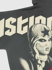 ROMWE MEN Street Life 1 件男士休闲字母和肖像印花连帽衫，适合春秋季日常穿着 - 深灰色 - 查看 3