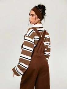 Athîral 1pc Women Casual Solid Color Patch Pocket Suspender Jumpsuit, Versatile Daily Wear - Coffee Brown - View 3