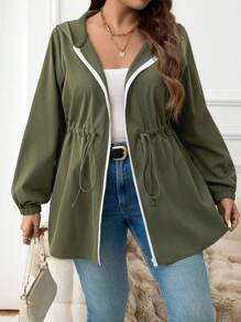 SHEIN LUNE Plus Size Women Casual Solid Color Lantern Sleeve Drawstring Waist Zipper Front Hooded Coat, Autumn Winter Green Holiday Outfit Thermal